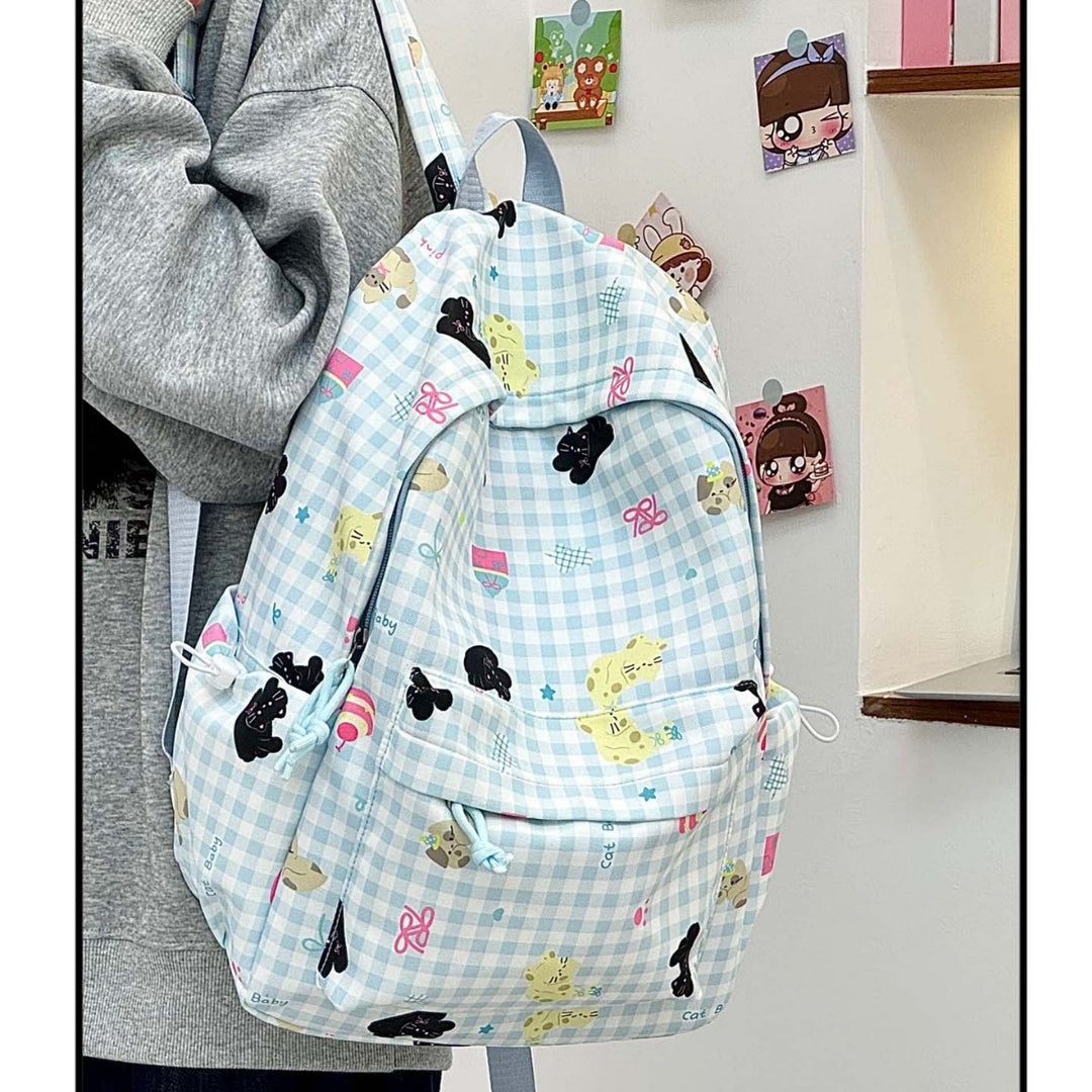 Backpack with Creative Checkered Pattern and Playful Appliqués Bowlift