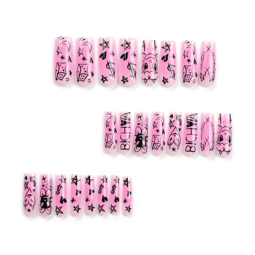 Artificial nail set with playful cartoon motif and shimmering accents Bowlift