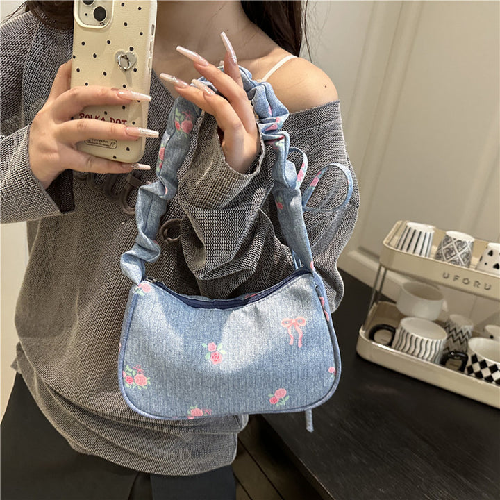 Embroidered Denim Shoulder Bag Bowlift