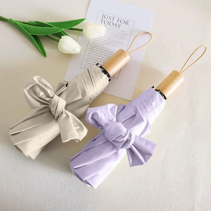 Women's Elegant Folding Umbrella with Wooden Handle Bowlift