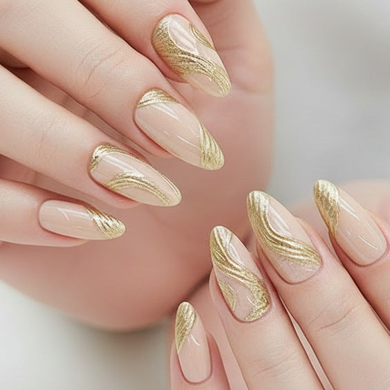 Artistic Press-On Nail Set with Gold Swirl Design Bowlift