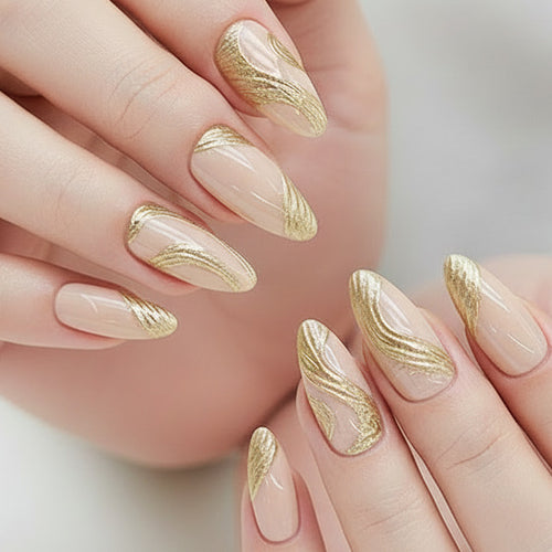 Artistic Press-On Nail Set with Gold Swirl Design Bowlift