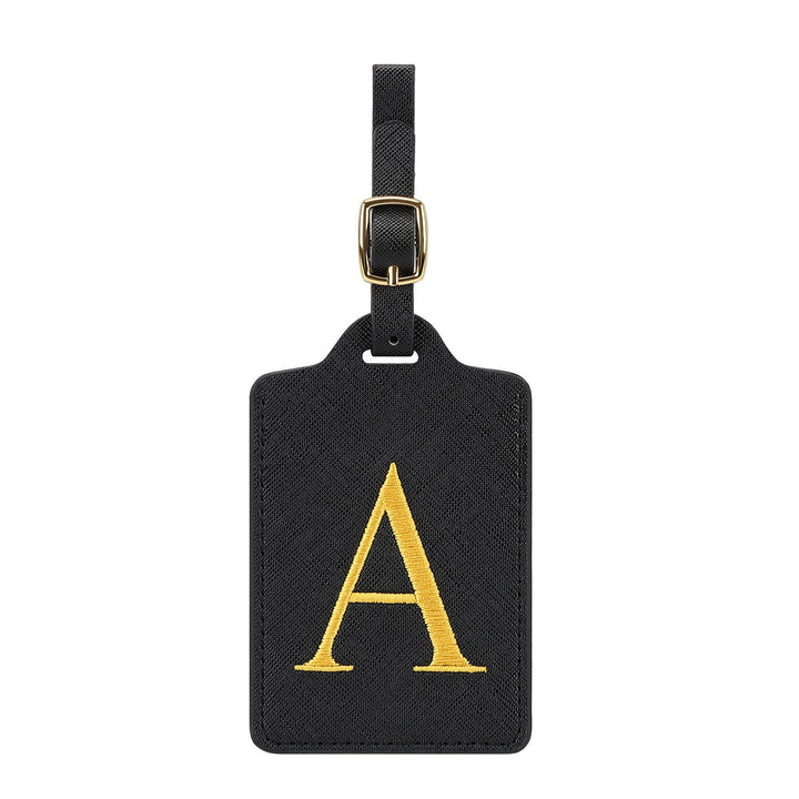 embroidered initial monogram leather luggage tag with adjustable buckle strap Bowlift