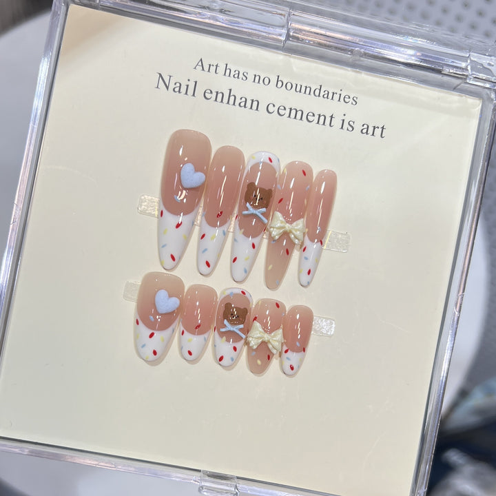 Decorative Stiletto Press-On Nail Art Set with Cute Character Accents Bowlift