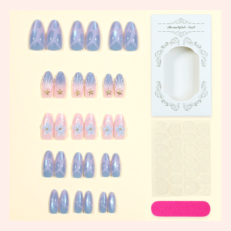 Artistic Press-On Nail Set with Iridescent Shell Accents Bowlift
