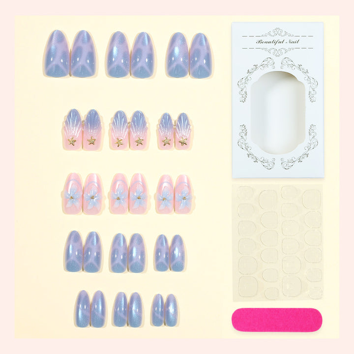 Artistic Press-On Nail Set with Iridescent Shell Accents Bowlift