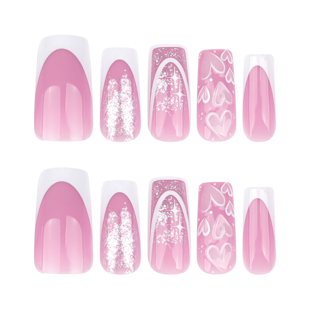Artful Nail Extensions with Modern Glitter Design and Heart Accents Bowlift