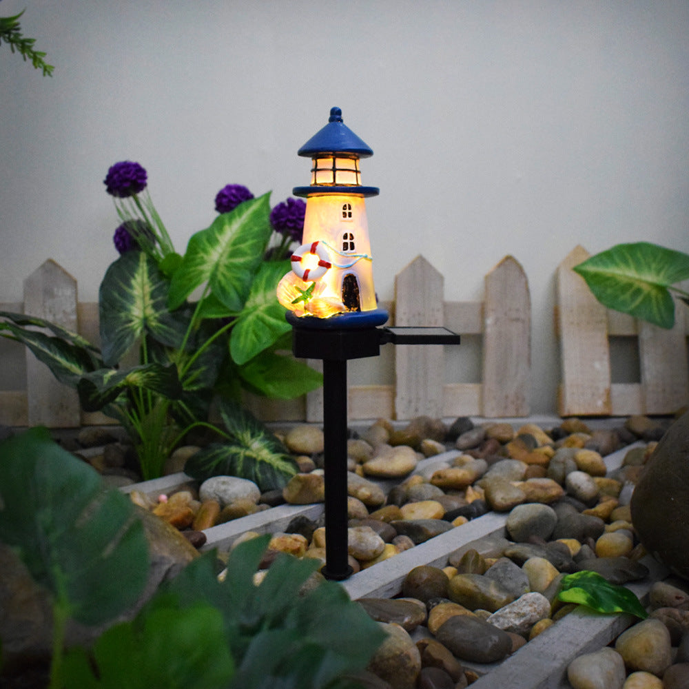 Resin Lighthouse LED Garden Stake Lamp With Integrated Solar Panel And Lifebuoy Ornament Bowlift