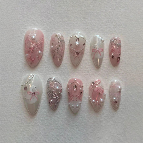 Decorative 3D Bow and Pearl Press-On Nail Art Bowlift