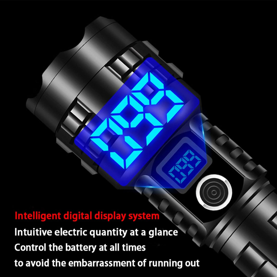 High-Powered Rechargeable Tactical LED Flashlight with Digital Battery Indicator and Zoom Focus Bowlift