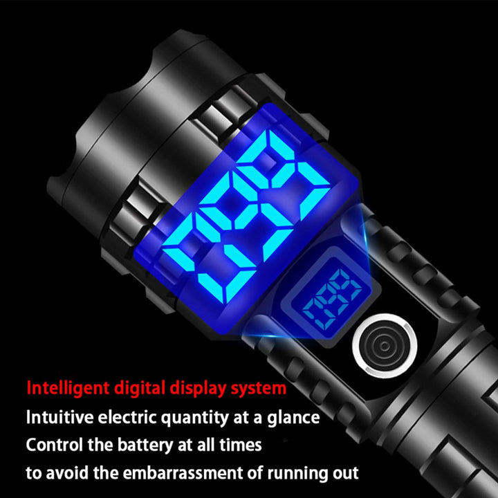 High-Powered Rechargeable Tactical LED Flashlight with Digital Battery Indicator and Zoom Focus Bowlift