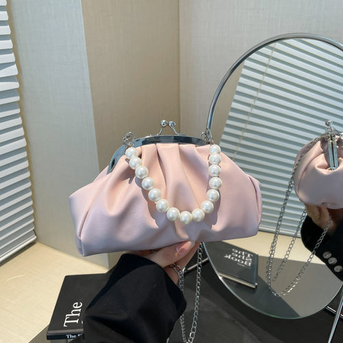 Elegant Clutch Handbag with Pearl Chain Bowlift
