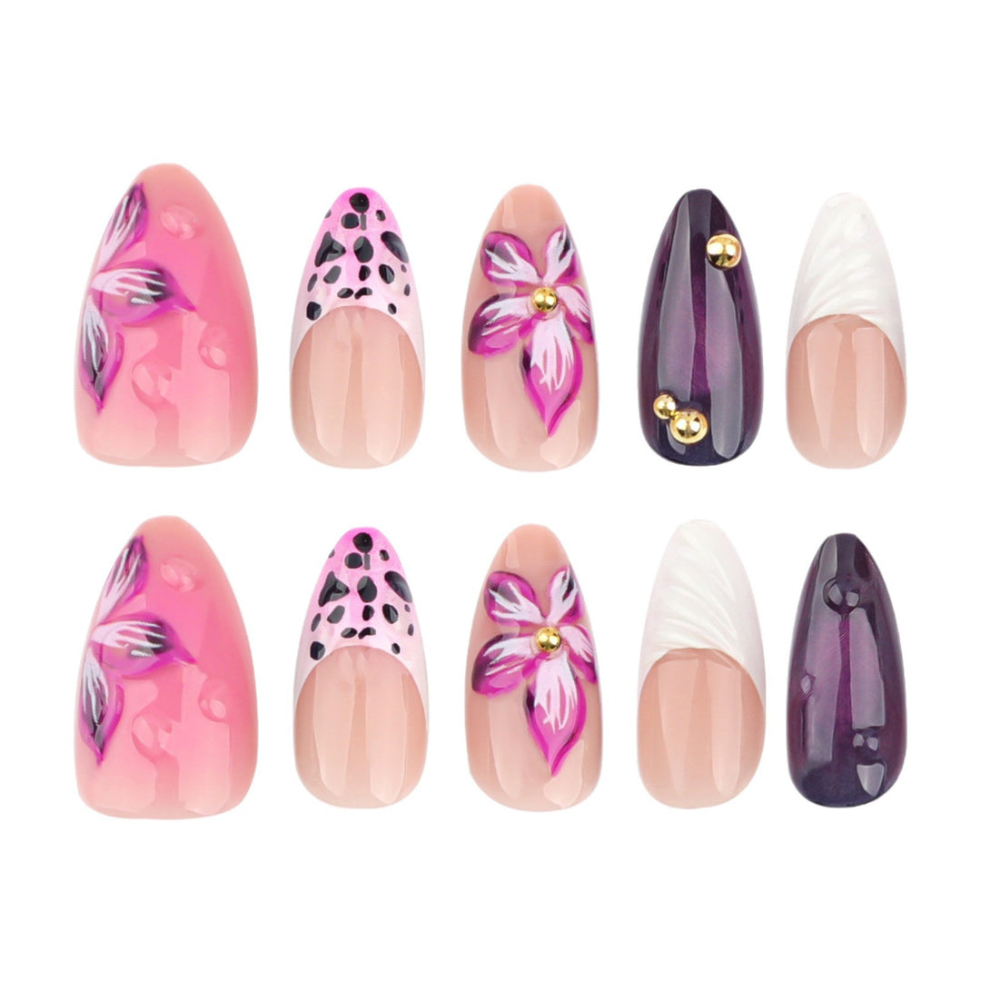Artistic Floral and Textured Press-On Nail Set Bowlift