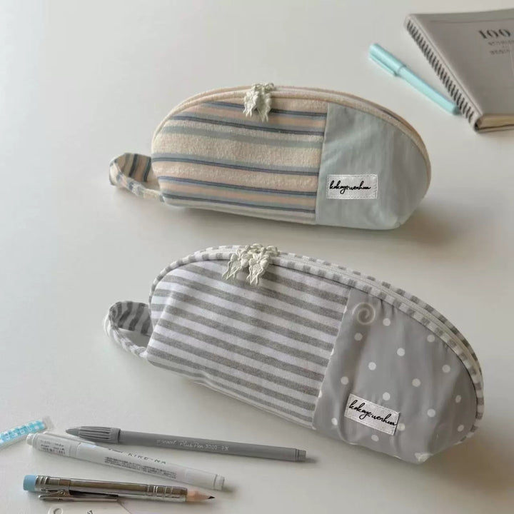 Striped Cotton Cosmetic and Pencil Pouch with Wrist Strap Bowlift