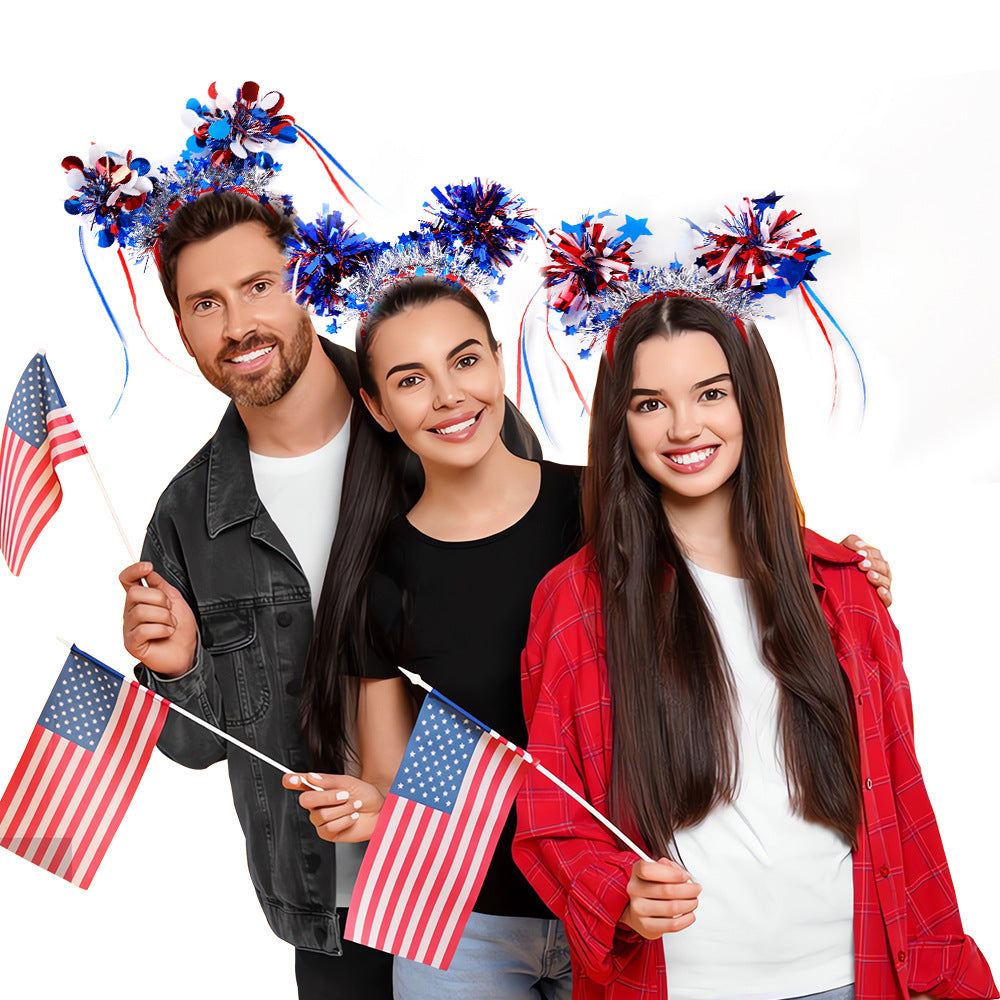 Unisex nan festive patriotic tinsel pompom headband with star garland and ribbon streamers Bowlift