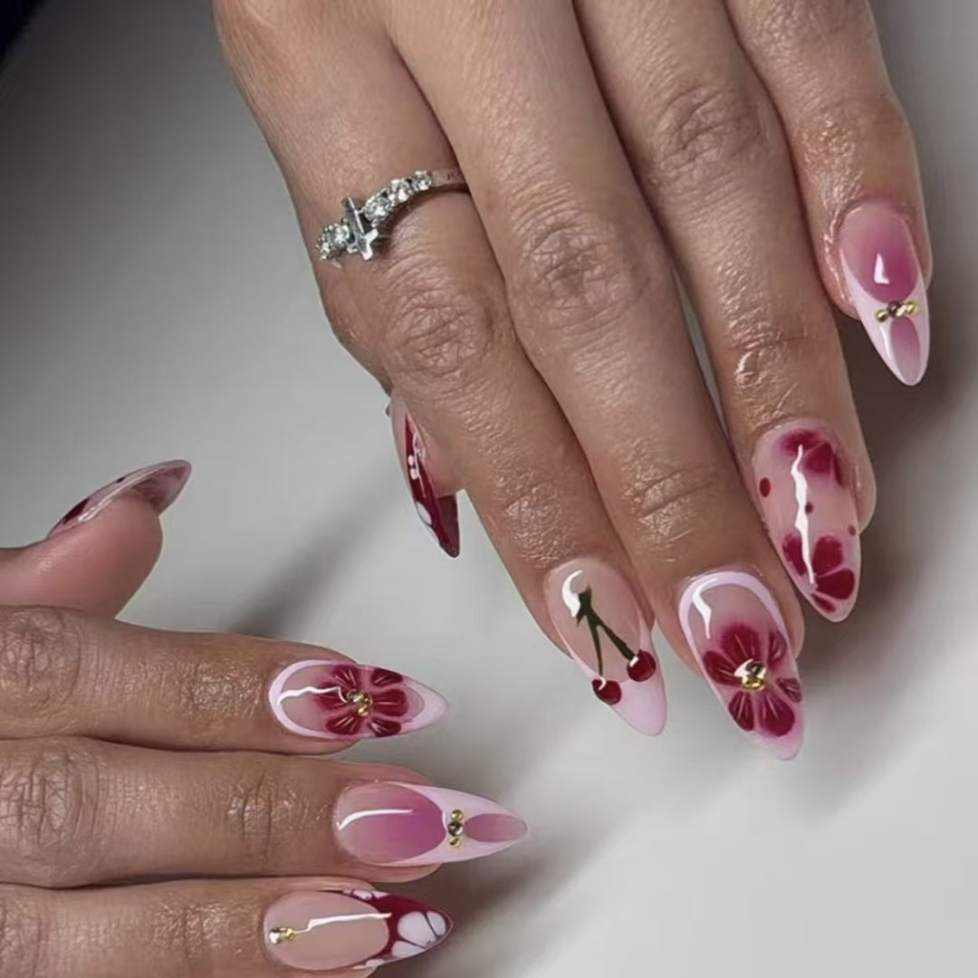 Artistic Floral and Cherry-Embellished Press-On Nails Bowlift