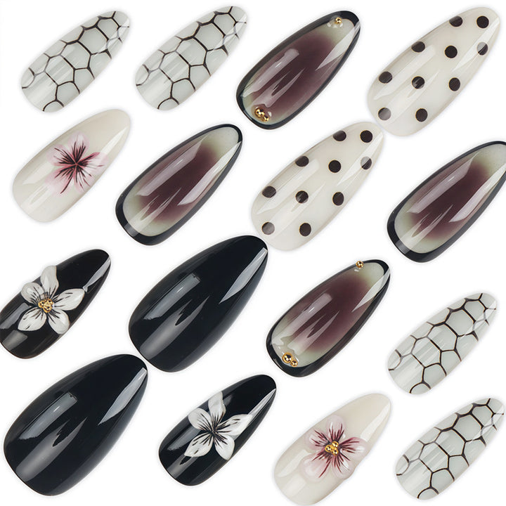 Artistic Stiletto Press-On Nail Set with Polka Dot and Floral Designs Bowlift