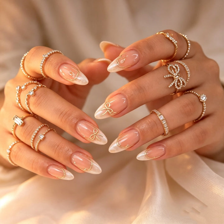 Artificial nails with Elegant French Design and Golden Decorations Bowlift