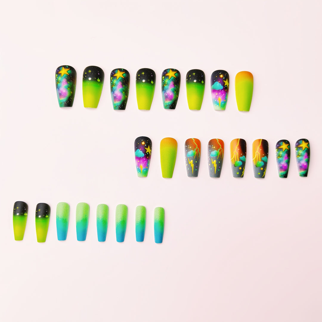 Creative acrylic nails with neon galaxy design Bowlift
