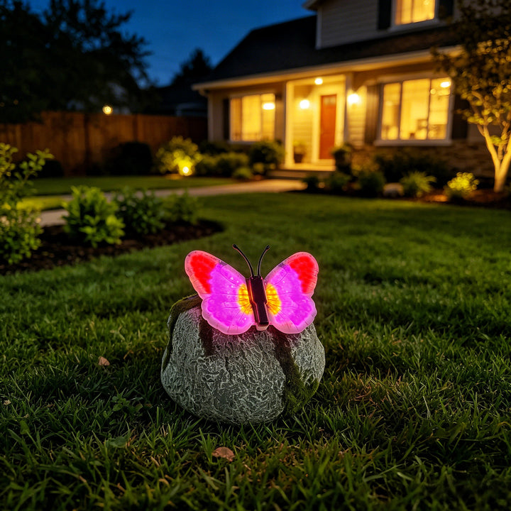 Decorative Solar-Powered Butterfly Perched Stone LED Garden Accent Bowlift