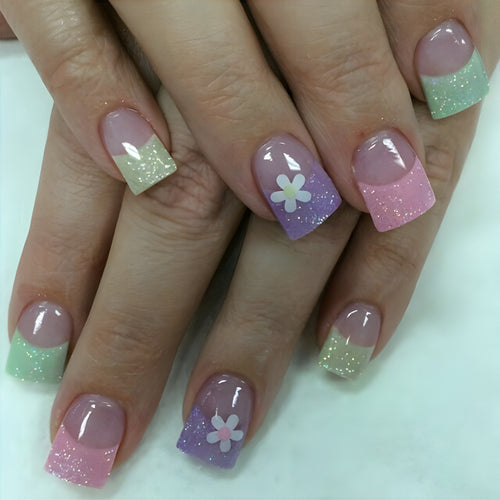 Glittery Pastel Floral Press-On Nails Bowlift