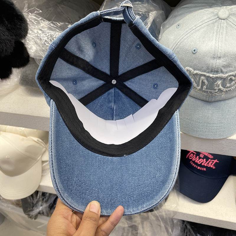 Unisex Distressed Denim Cap with NYC Embroidery Bowlift