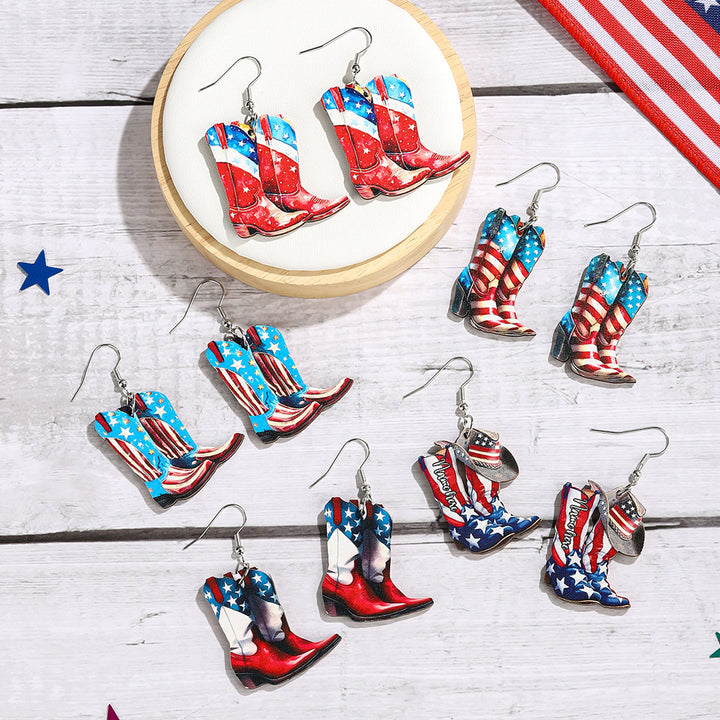 Ladies nan cowboy boots earrings with flag pattern made of lightweight wood Bowlift