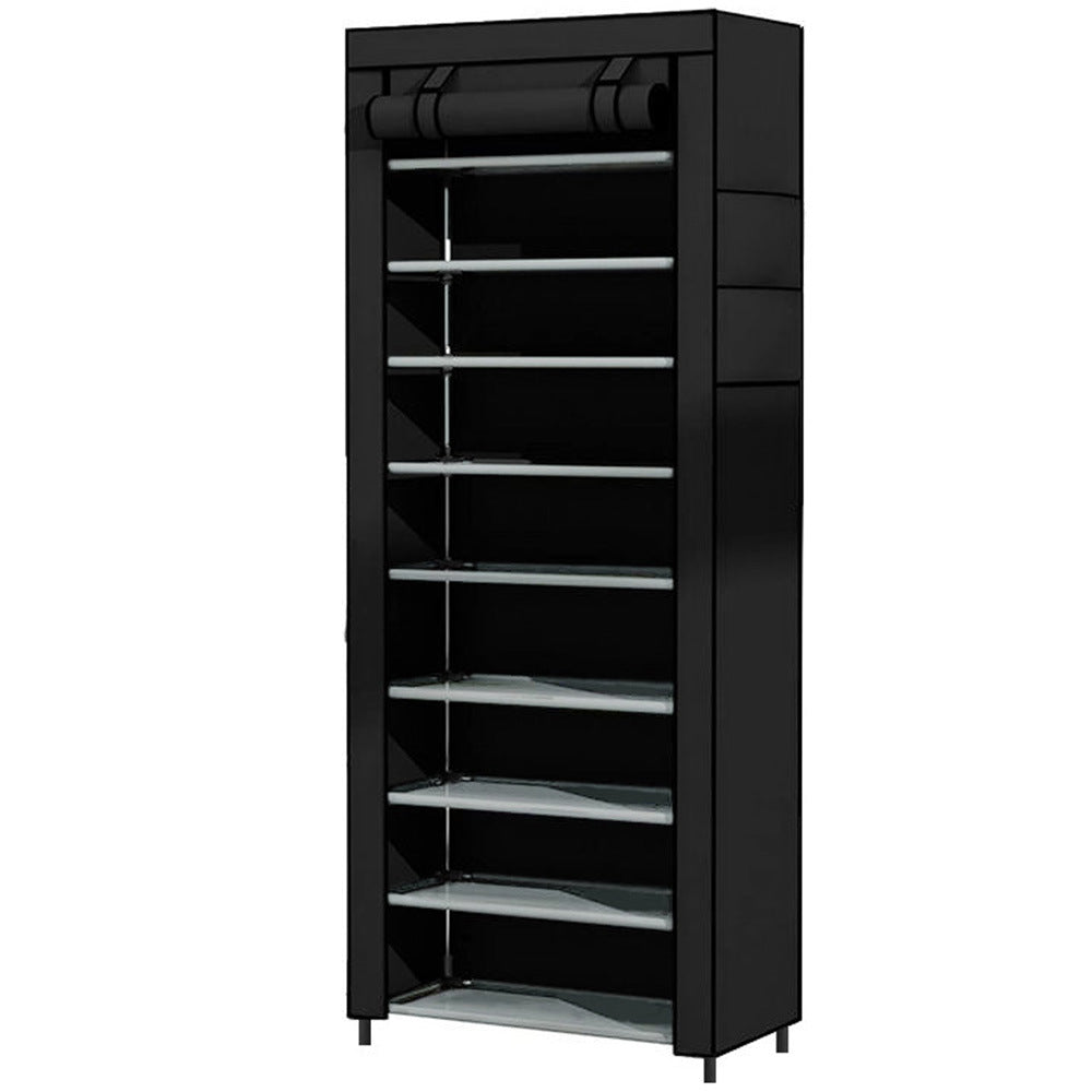 tall vertical shoe storage cabinet with roll-up protective cover and clear shelf panels Bowlift