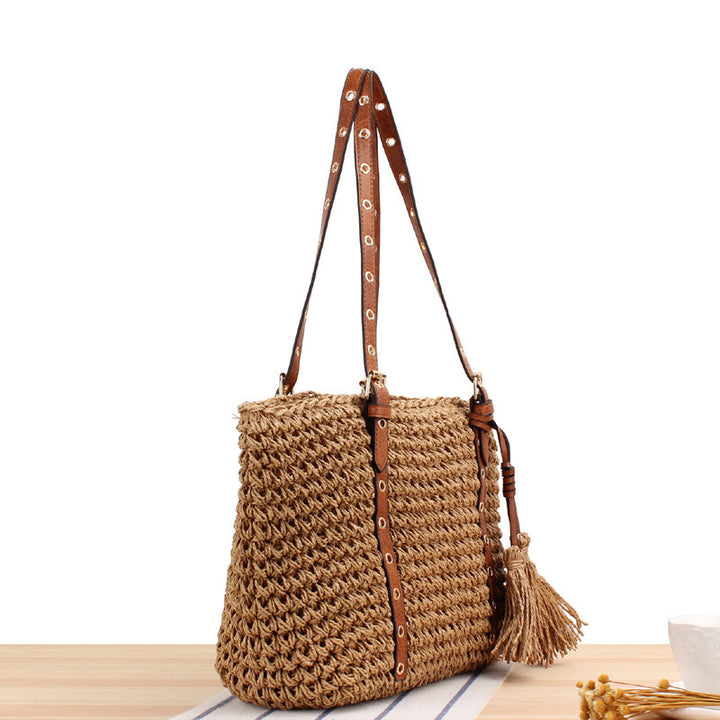 Large Braided Beach Bag with Elegant Contrast Handles Bowlift