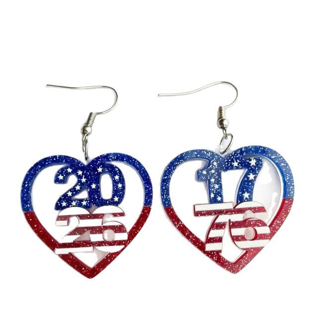 Women's nan patriotic heart dangle earrings with layered star stripe cutout and fishhook Bowlift
