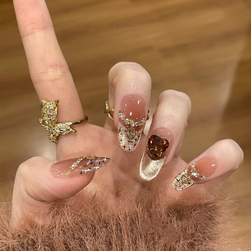 Decorative Press-On Nail Set with Gemstone Accents Bowlift