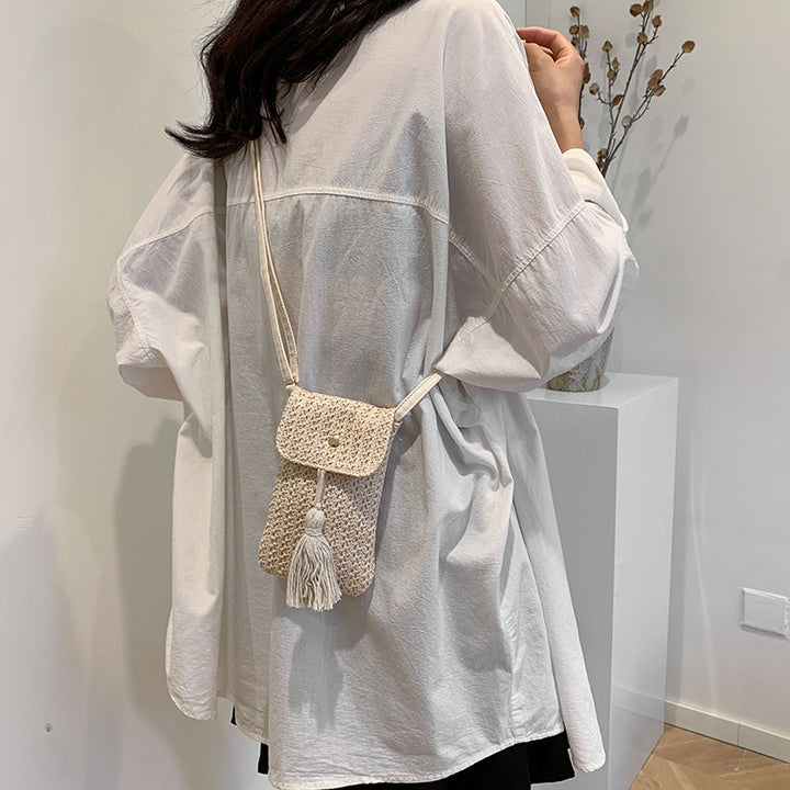 Woven Straw Crossbody Phone Pouch with Tassel and Adjustable Vegan Leather Strap Bowlift