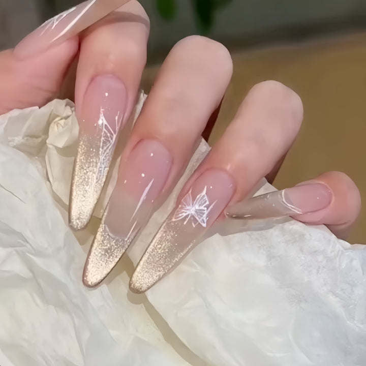 Elaborate Glitter Ombre Press-On Nails with Artistic Butterfly Design Bowlift
