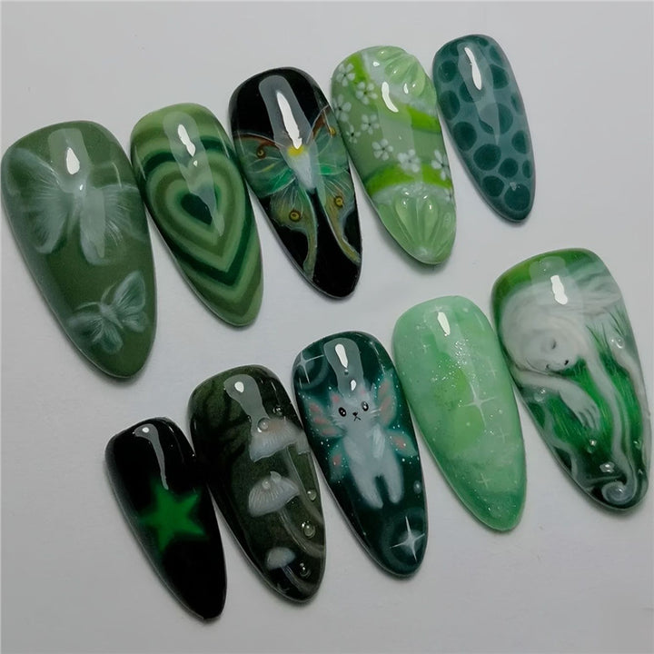 Artistic Green-Themed Acrylic Nail Enhancements Bowlift