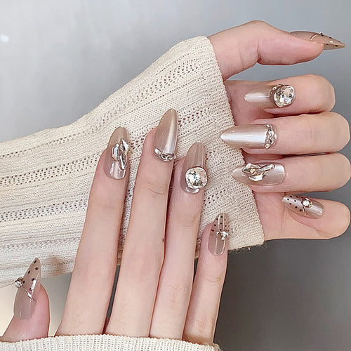 Elegant Press-On Nail Art with Gemstone Embellishments Bowlift