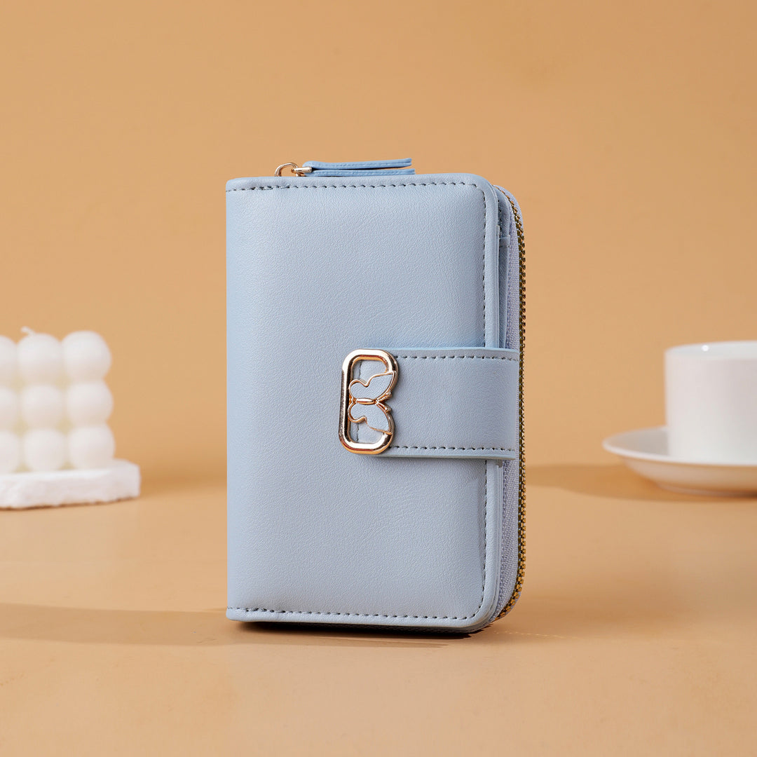 Compact Zip-Around Faux Leather Long Wallet with Butterfly Clasp Bowlift