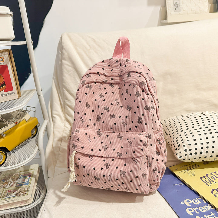 Textured Corduroy Backpack with Heart Pattern
