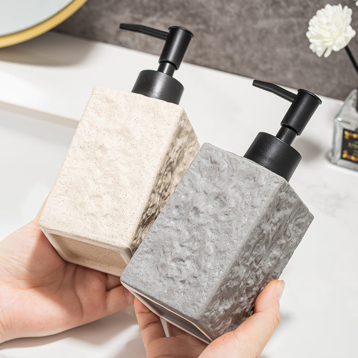 Textured Ceramic Rectangular Soap Dispenser with Matte Pump and Stone-Look Finish Bowlift