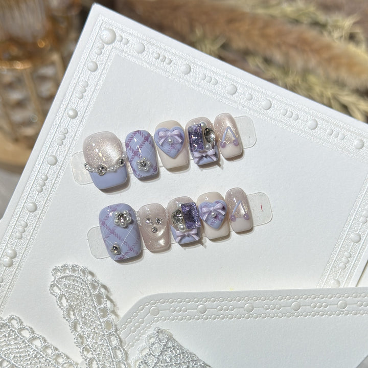 Decorative Luxury Press-On Nail Set with Elegant Bow and Gemstone Accents Bowlift