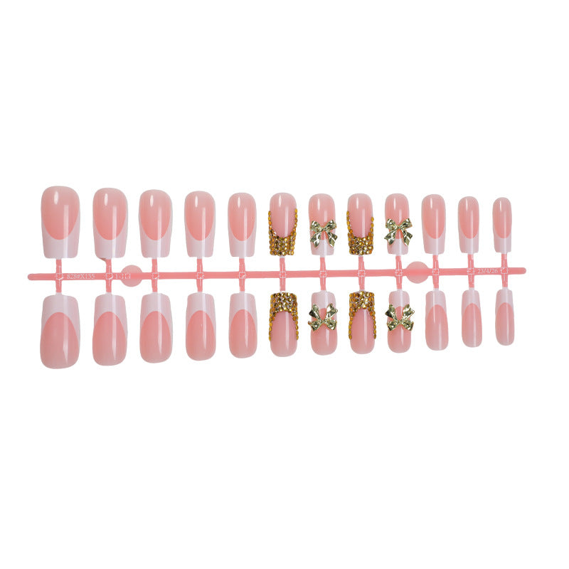 Decorative Press-On Nail Art Set with Elegant Bow and Gem Accents Bowlift