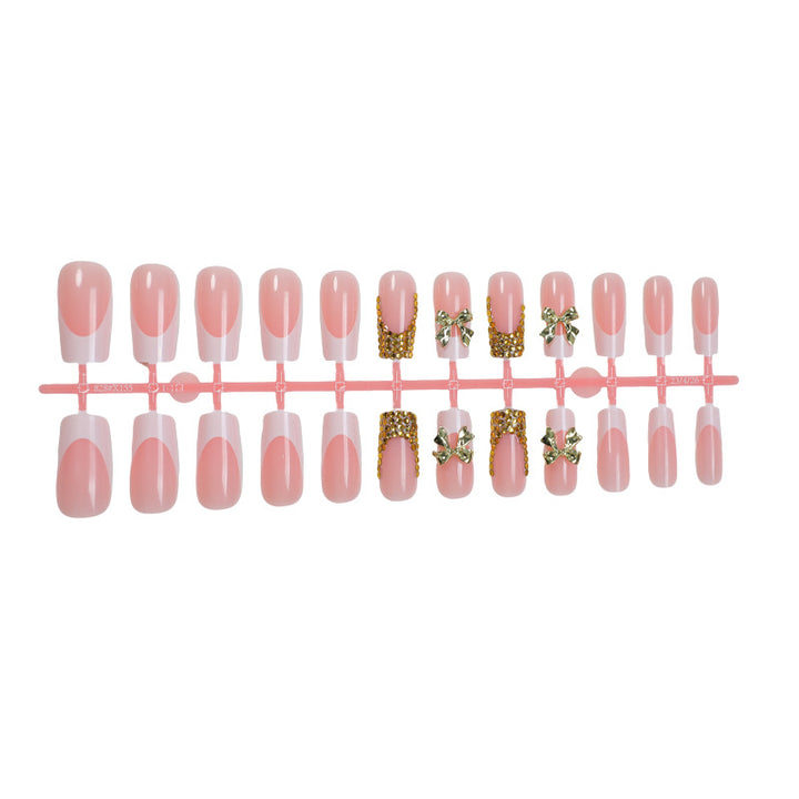 Decorative Press-On Nail Art Set with Elegant Bow and Gem Accents Bowlift