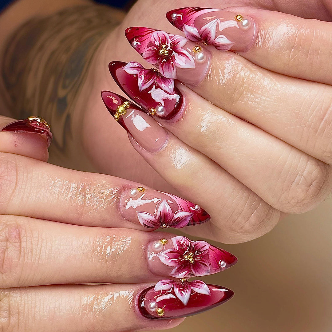 Floral Accent Stiletto Nail Art Extensions Bowlift