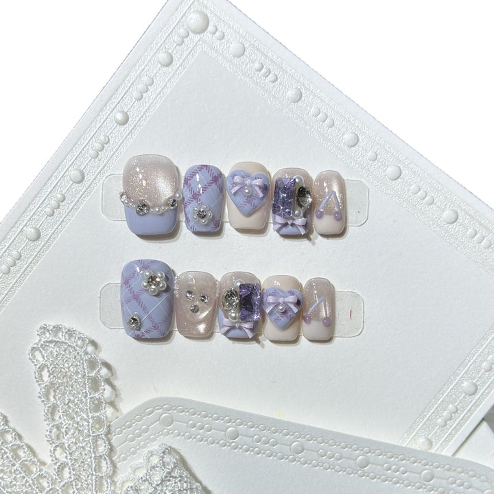 Decorative Luxury Press-On Nail Set with Elegant Bow and Gemstone Accents Bowlift