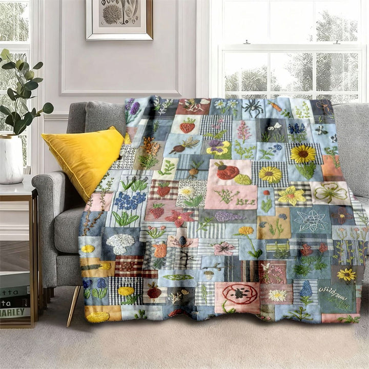 Floral Patchwork Embroidered Throw Blanket