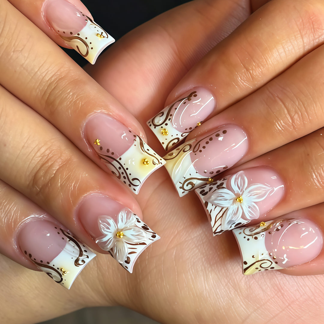 Elegant Floral Acrylic Nail Extensions Bowlift