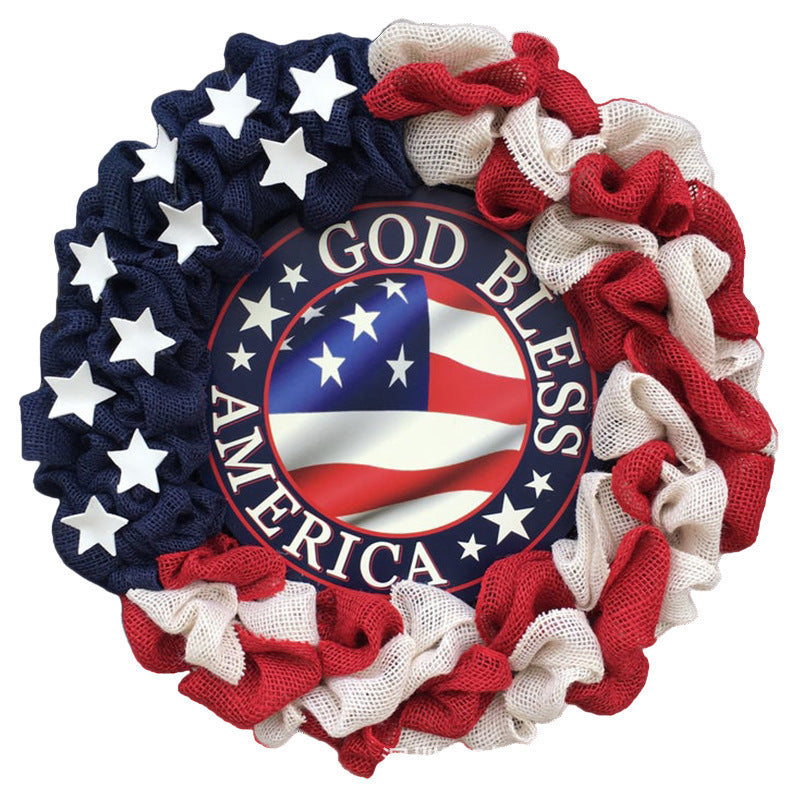Unisex nan patriotic burlap starburst wreath with layered mesh petals and jute rosette center Bowlift