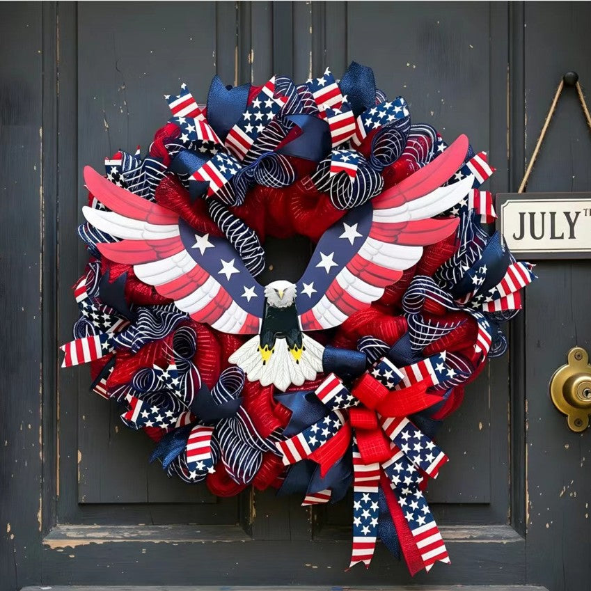 Unisex nan Patriotic Americana Heart Flag Wreath with Ribbon Mesh, Wooden Heart Cutout and Star Accent Bowlsift Bowlift