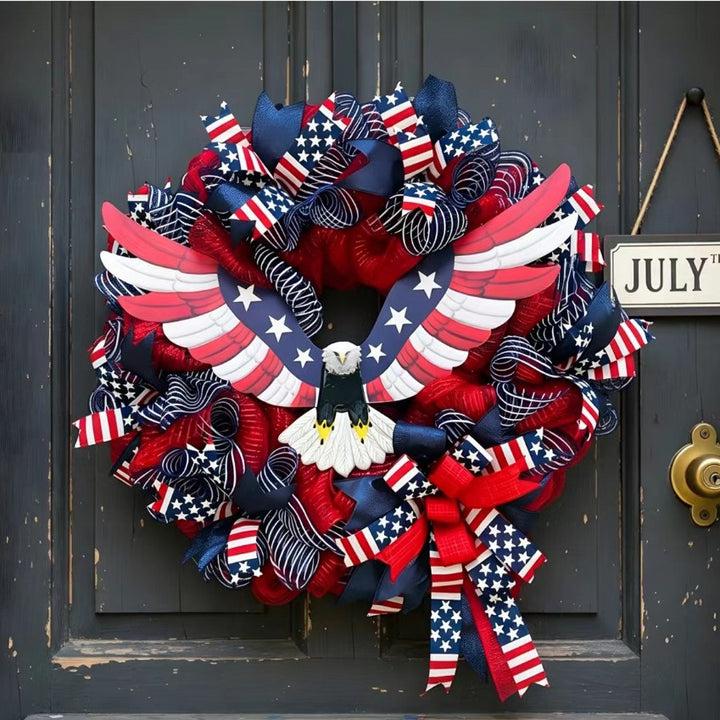 Unisex nan Patriotic Americana Heart Flag Wreath with Ribbon Mesh, Wooden Heart Cutout and Star Accent Bowlsift Bowlift