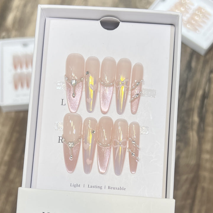 Premium Decorative Press-On Nail Set with Elegant Gemstone Accents Bowlift