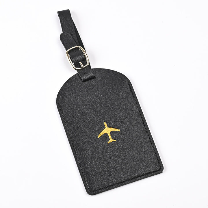 premium leather luggage tag with adjustable buckle strap and embossed airplane Bowlift